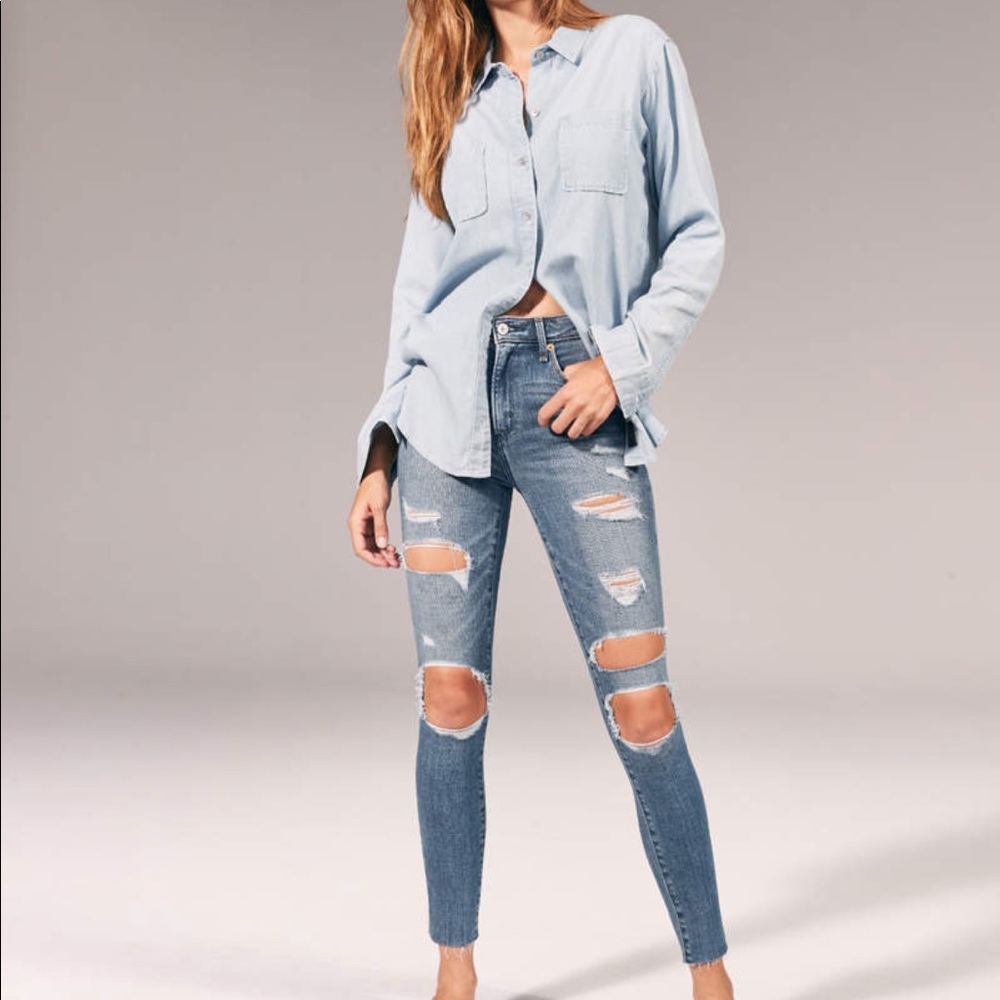Blue high rise ripped jeans